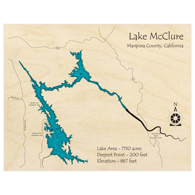 Bathymetric topo map of Lake McClure with roads, towns and depths noted in blue water