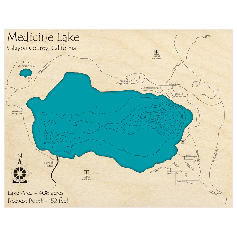 Bathymetric topo map of Medicine Lake with roads, towns and depths noted in blue water