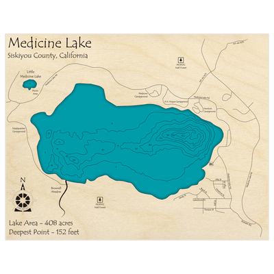 Bathymetric topo map of Medicine Lake with roads, towns and depths noted in blue water