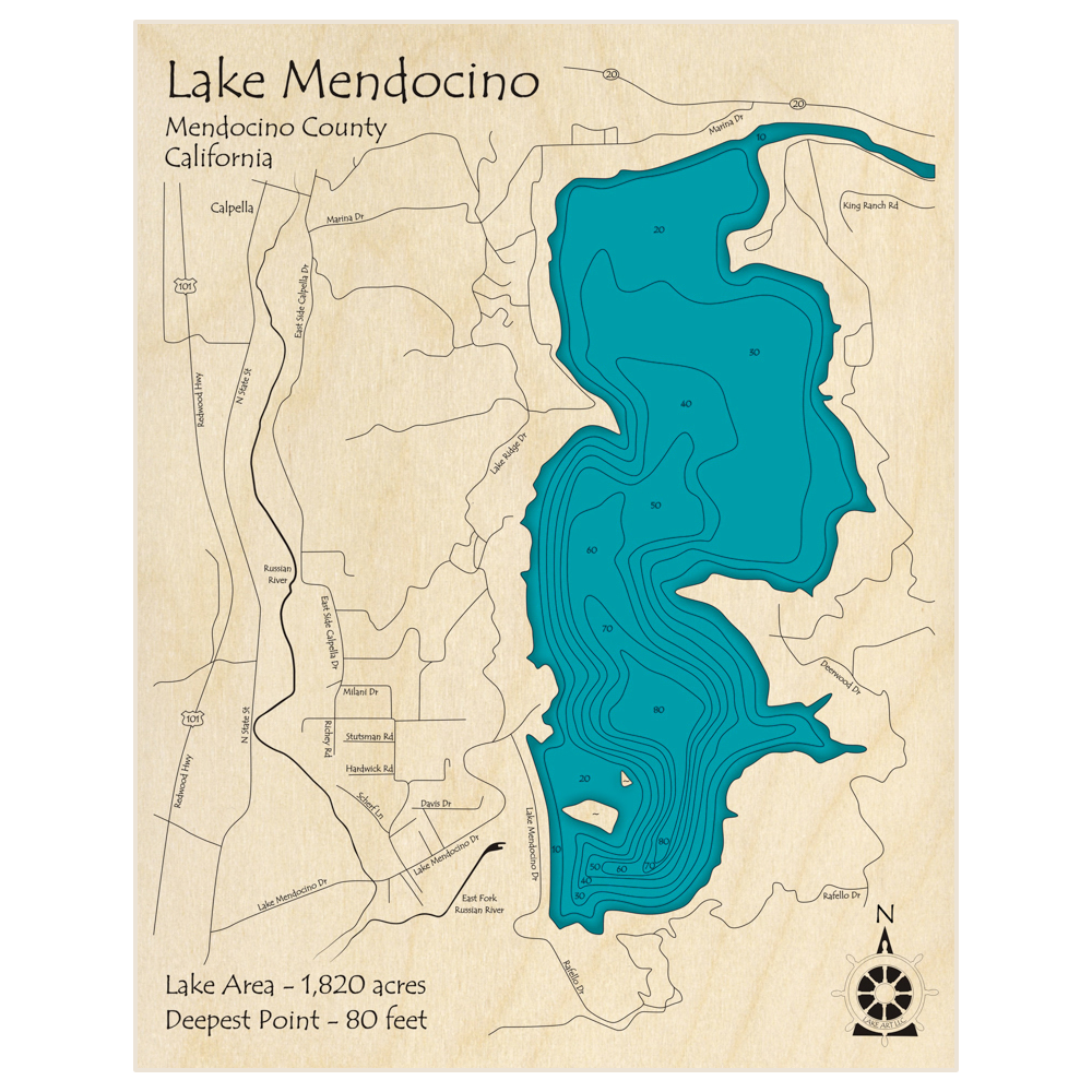 Bathymetric topo map of Lake Mendocino with roads, towns and depths noted in blue water