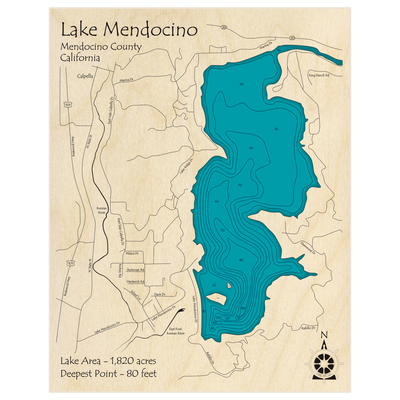 Bathymetric topo map of Lake Mendocino with roads, towns and depths noted in blue water