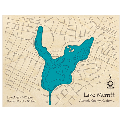 Bathymetric topo map of Lake Merritt with roads, towns and depths noted in blue water