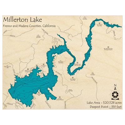 Bathymetric topo map of Millerton Lake with roads, towns and depths noted in blue water
