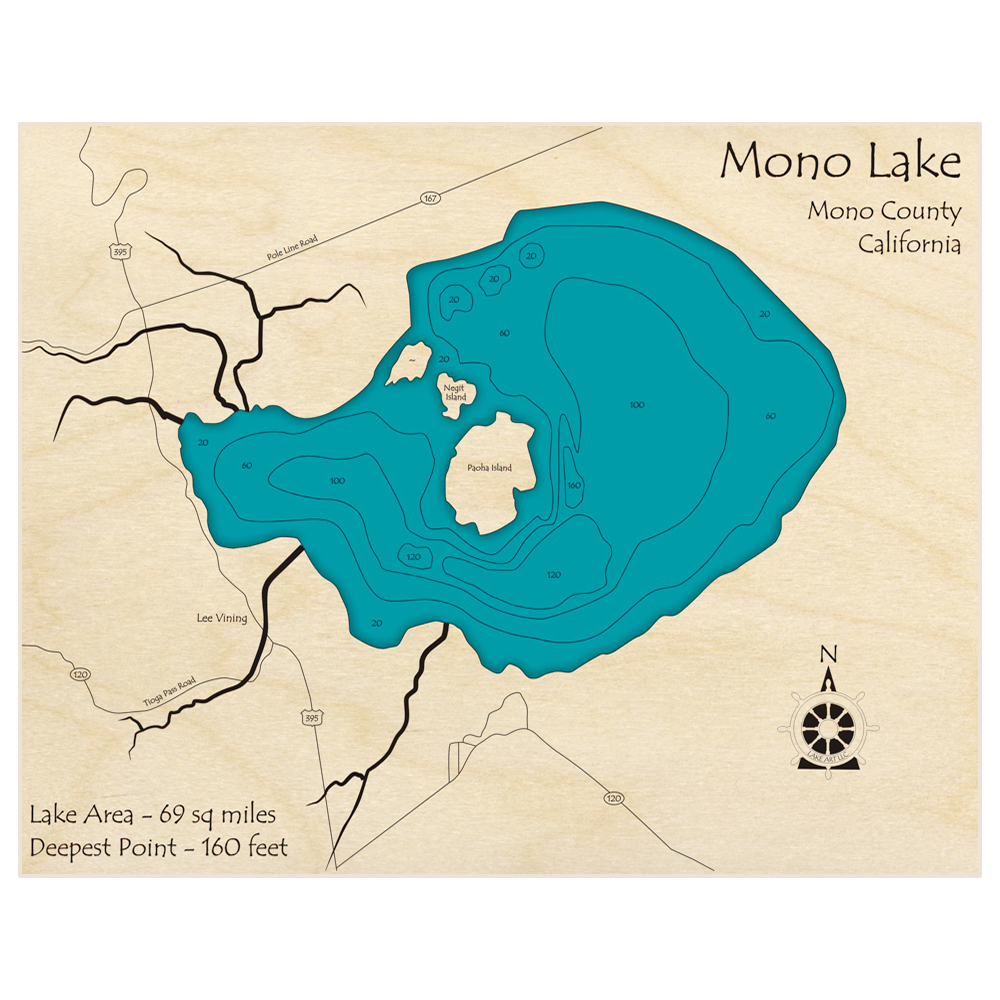 Bathymetric topo map of Mono Lake with roads, towns and depths noted in blue water