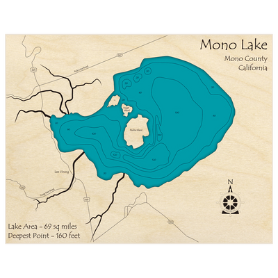 Bathymetric topo map of Mono Lake with roads, towns and depths noted in blue water