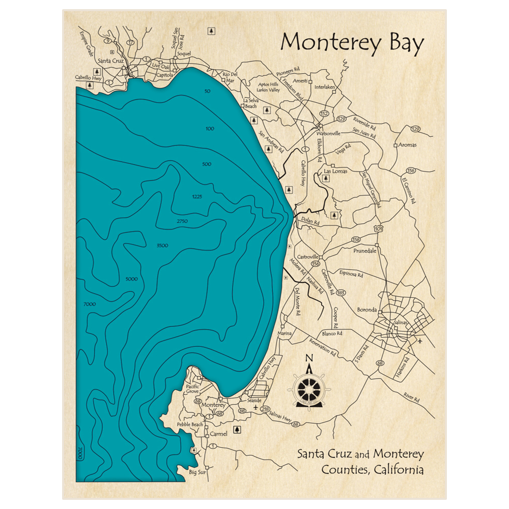 Bathymetric topo map of Monterey Bay with roads, towns and depths noted in blue water