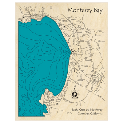 Bathymetric topo map of Monterey Bay with roads, towns and depths noted in blue water