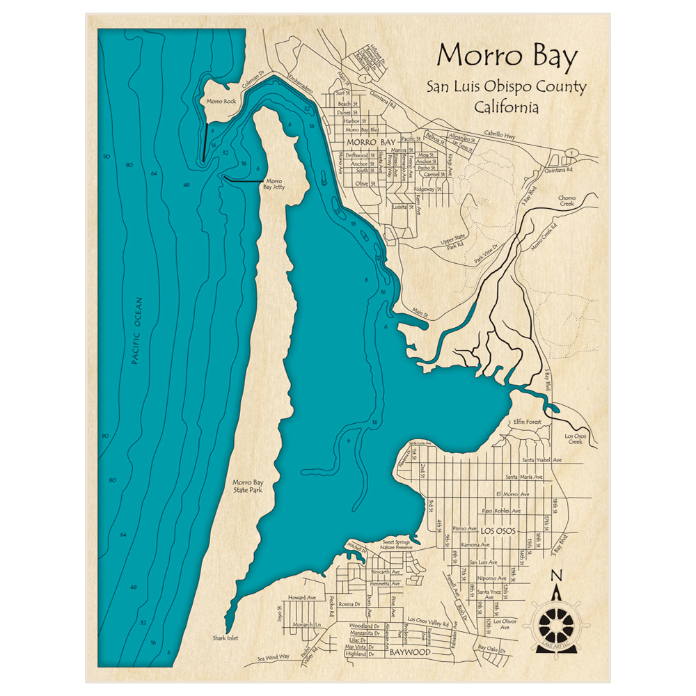 Bathymetric topo map of Morro Bay with roads, towns and depths noted in blue water