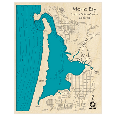 Bathymetric topo map of Morro Bay with roads, towns and depths noted in blue water