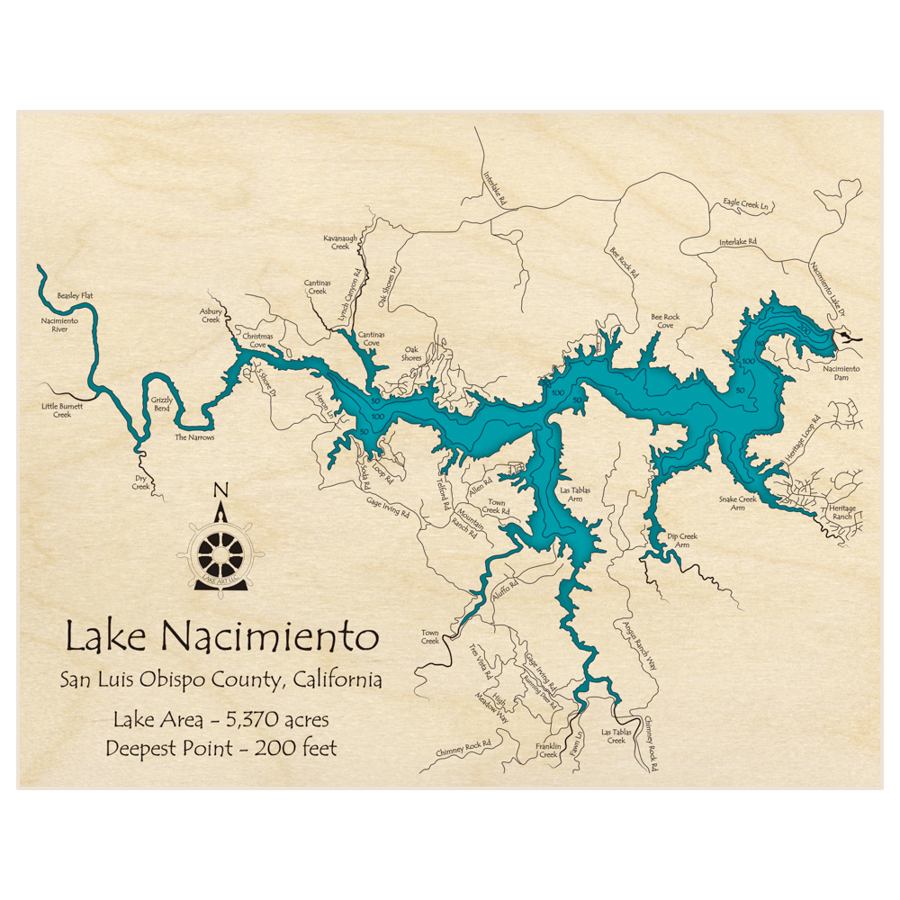 Bathymetric topo map of Lake Nacimiento with roads, towns and depths noted in blue water