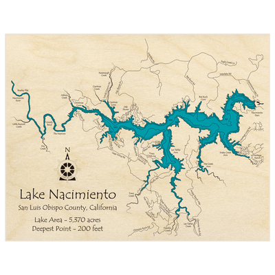 Bathymetric topo map of Lake Nacimiento with roads, towns and depths noted in blue water
