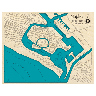 Bathymetric topo map of Naples, California with roads, towns and depths noted in blue water