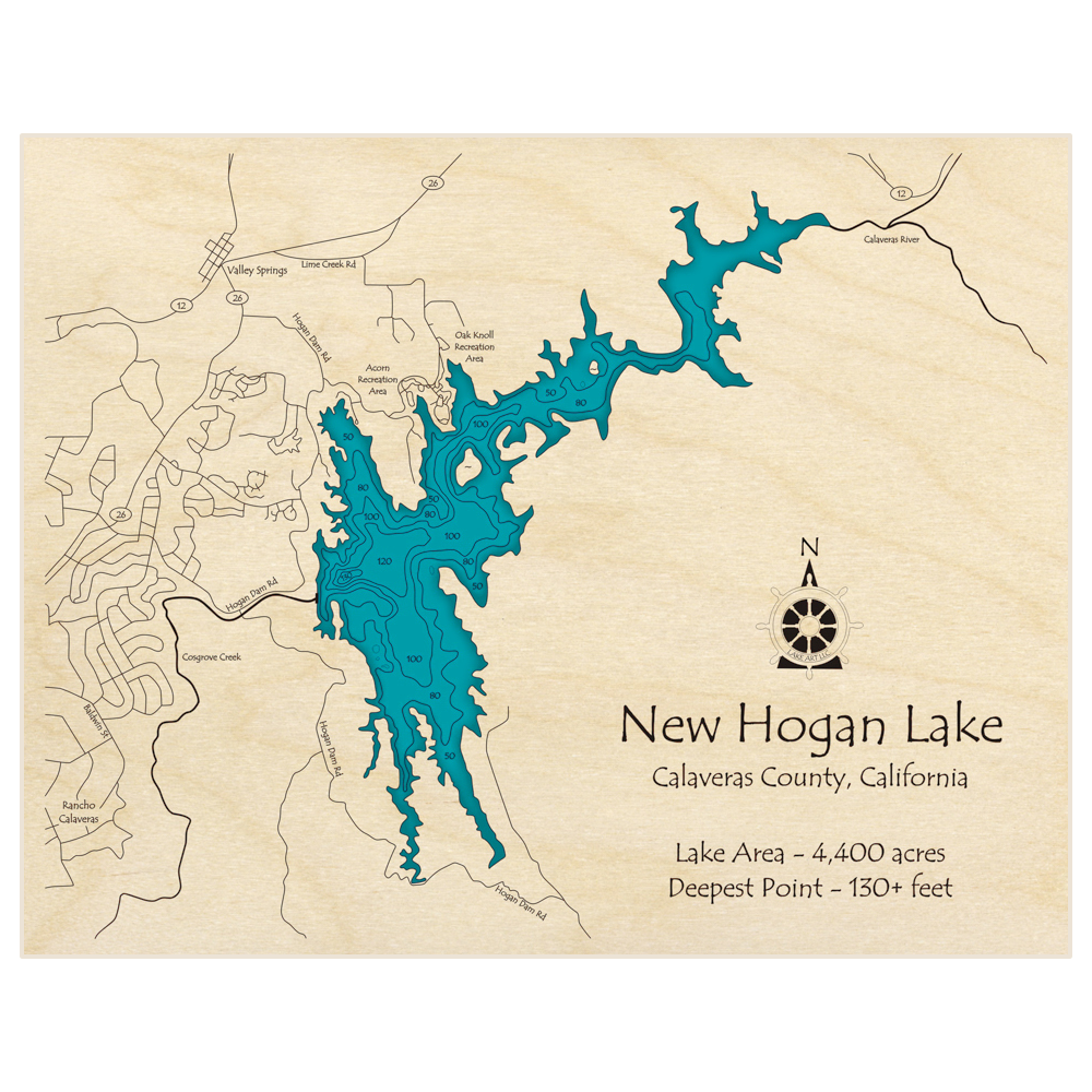 Bathymetric topo map of New Hogan Lake with roads, towns and depths noted in blue water