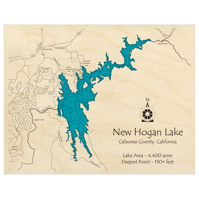 Bathymetric topo map of New Hogan Lake with roads, towns and depths noted in blue water