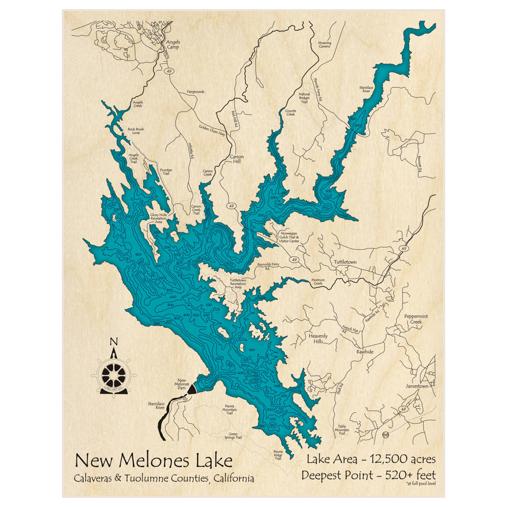Bathymetric topo map of New Melones Lake with roads, towns and depths noted in blue water
