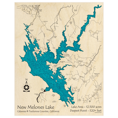 Bathymetric topo map of New Melones Lake with roads, towns and depths noted in blue water