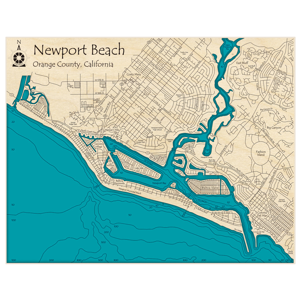 Bathymetric topo map of Newport Beach with roads, towns and depths noted in blue water