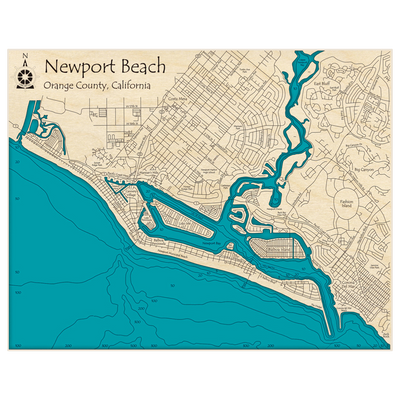 Bathymetric topo map of Newport Beach with roads, towns and depths noted in blue water