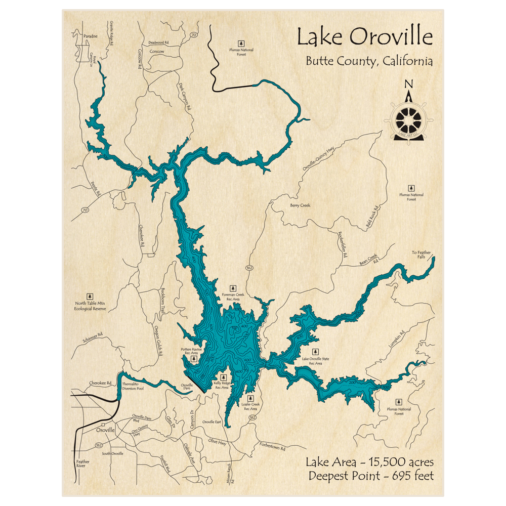 Bathymetric topo map of Lake Oroville with roads, towns and depths noted in blue water