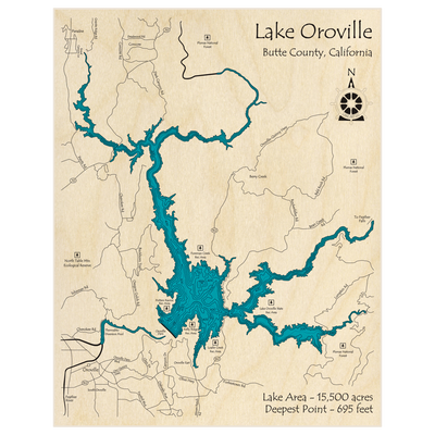 Bathymetric topo map of Lake Oroville with roads, towns and depths noted in blue water
