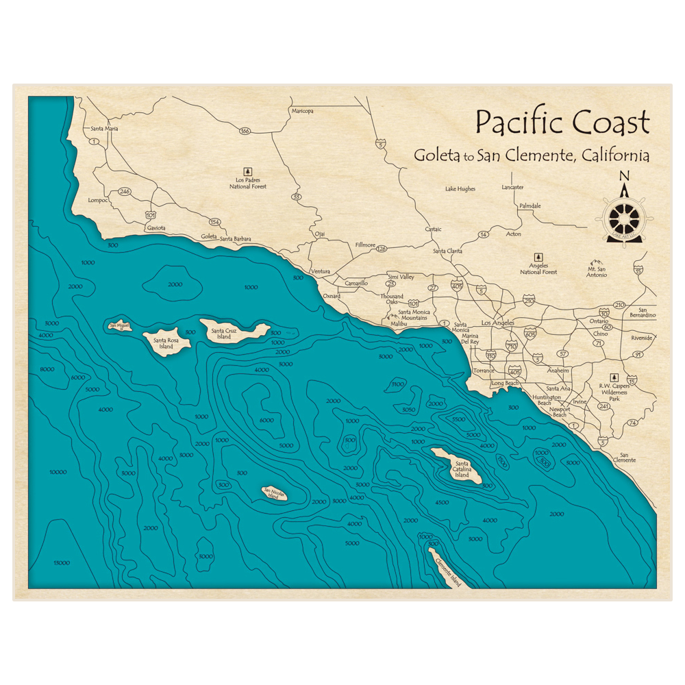 Bathymetric topo map of Pacific Coast (Goleta to San Clemente) with roads, towns and depths noted in blue water