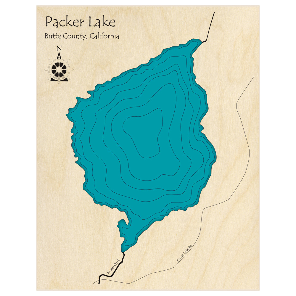 Bathymetric topo map of Packer Lake  with roads, towns and depths noted in blue water