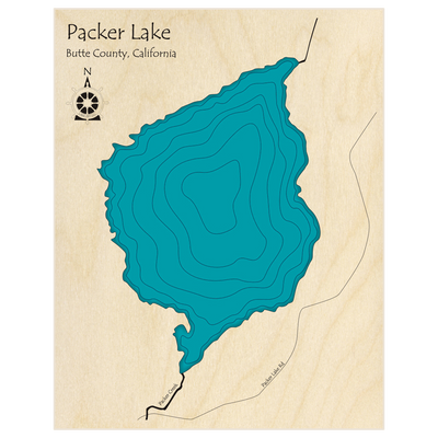 Bathymetric topo map of Packer Lake  with roads, towns and depths noted in blue water