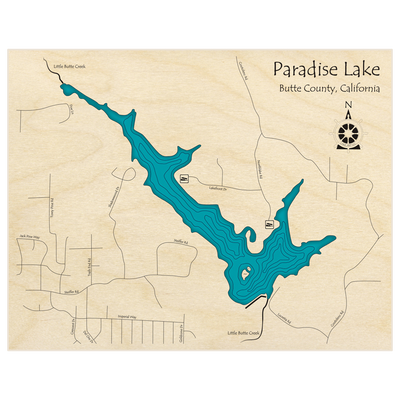 Bathymetric topo map of Paradise Lake  with roads, towns and depths noted in blue water