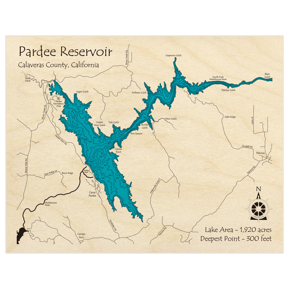 Bathymetric topo map of Pardee Reservoir with roads, towns and depths noted in blue water
