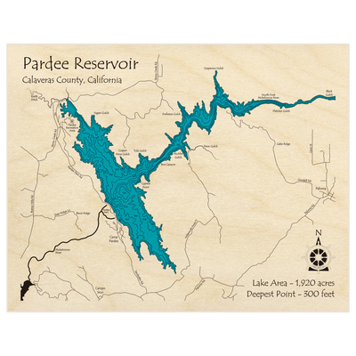 Bathymetric topo map of Pardee Reservoir with roads, towns and depths noted in blue water