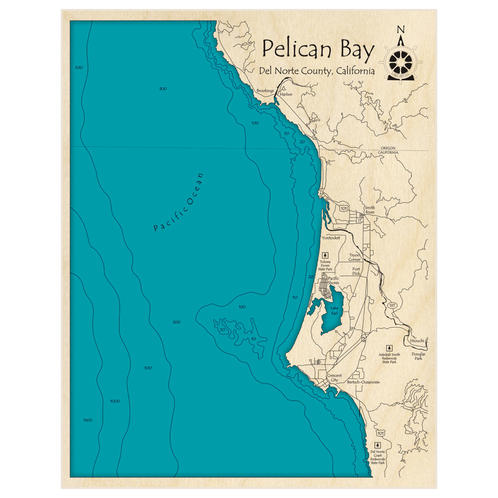Bathymetric topo map of Pelican Bay (Brookings to Crescent City) with roads, towns and depths noted in blue water