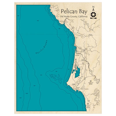 Bathymetric topo map of Pelican Bay (Brookings to Crescent City) with roads, towns and depths noted in blue water
