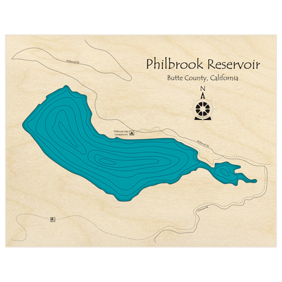 Bathymetric topo map of Philbrook Reservoir  with roads, towns and depths noted in blue water