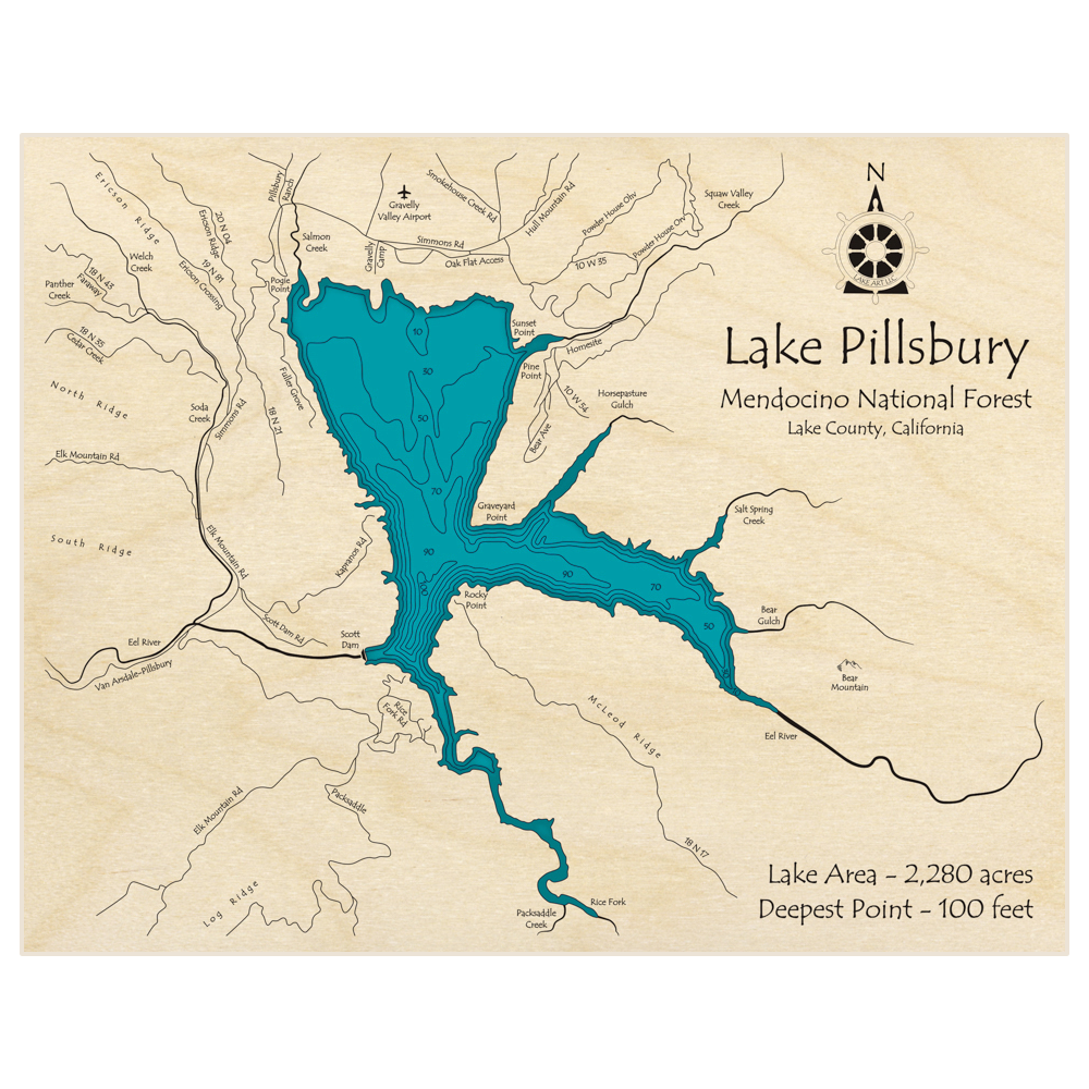 Bathymetric topo map of Lake Pillsbury with roads, towns and depths noted in blue water