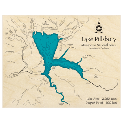 Bathymetric topo map of Lake Pillsbury with roads, towns and depths noted in blue water
