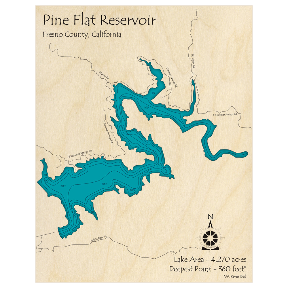 Bathymetric topo map of Pine Flat Reservoir with roads, towns and depths noted in blue water