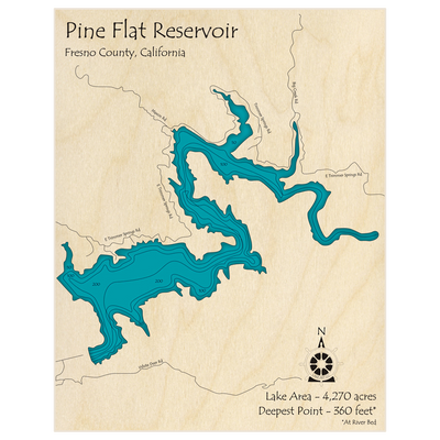 Bathymetric topo map of Pine Flat Reservoir with roads, towns and depths noted in blue water