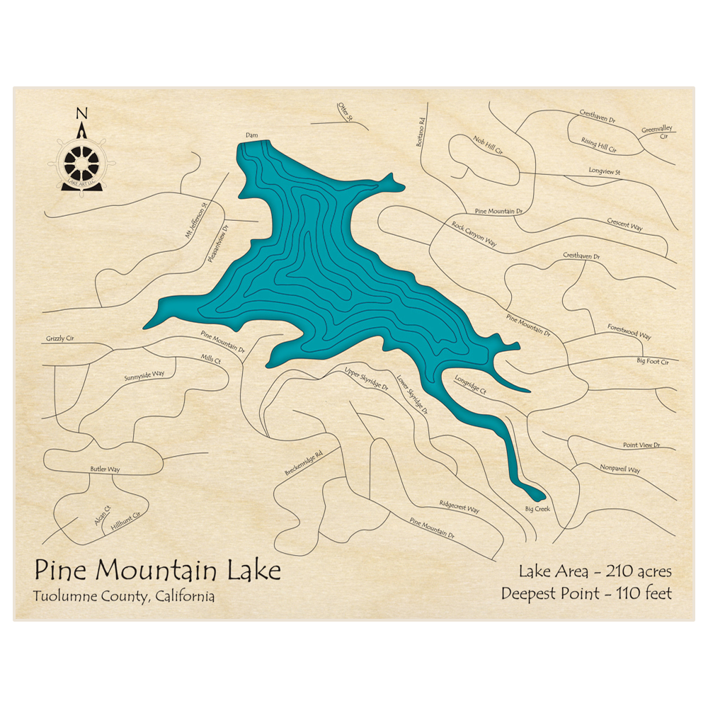 Bathymetric topo map of Pine Mountain Lake  with roads, towns and depths noted in blue water