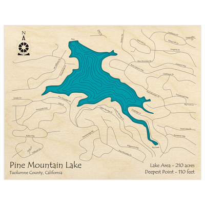 Bathymetric topo map of Pine Mountain Lake  with roads, towns and depths noted in blue water