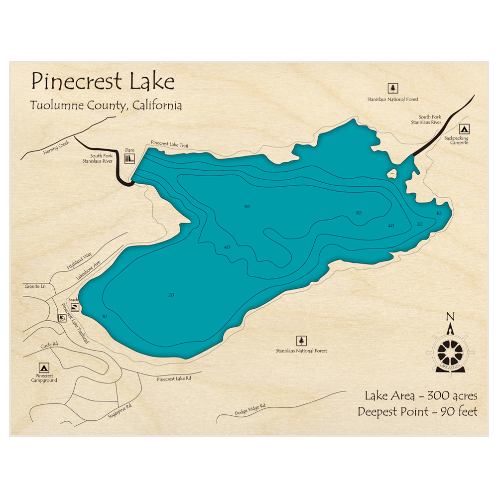 Bathymetric topo map of Pinecrest Lake with roads, towns and depths noted in blue water