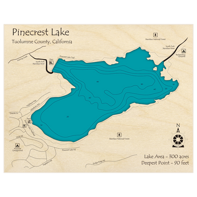 Bathymetric topo map of Pinecrest Lake with roads, towns and depths noted in blue water