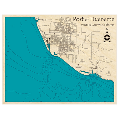 Bathymetric topo map of Port of Hueneme with roads, towns and depths noted in blue water