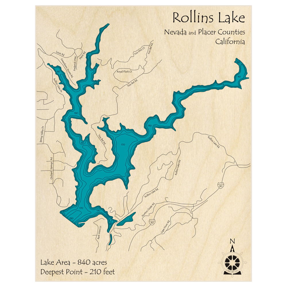 Bathymetric topo map of Rollins Lake with roads, towns and depths noted in blue water