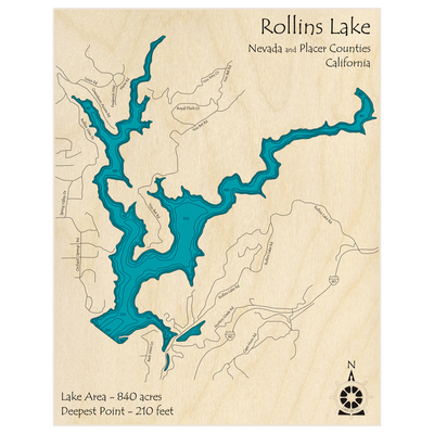 Bathymetric topo map of Rollins Lake with roads, towns and depths noted in blue water