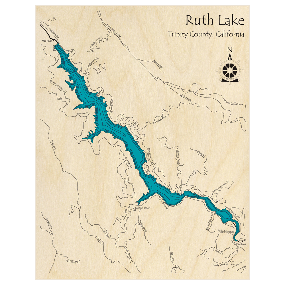 Bathymetric topo map of Ruth Lake  with roads, towns and depths noted in blue water