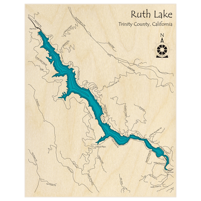 Bathymetric topo map of Ruth Lake  with roads, towns and depths noted in blue water