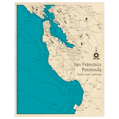 Bathymetric topo map of San Francisco Peninsula (San Rafael to Monterey) with roads, towns and depths noted in blue water