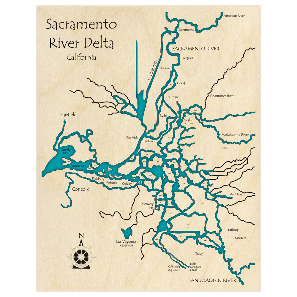 Bathymetric topo map of Sacramento Delta (SINGLE LAYER ONLY) with roads, towns and depths noted in blue water