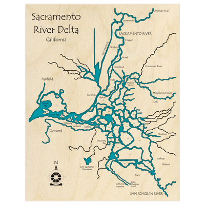 Bathymetric topo map of Sacramento Delta (SINGLE LAYER ONLY) with roads, towns and depths noted in blue water