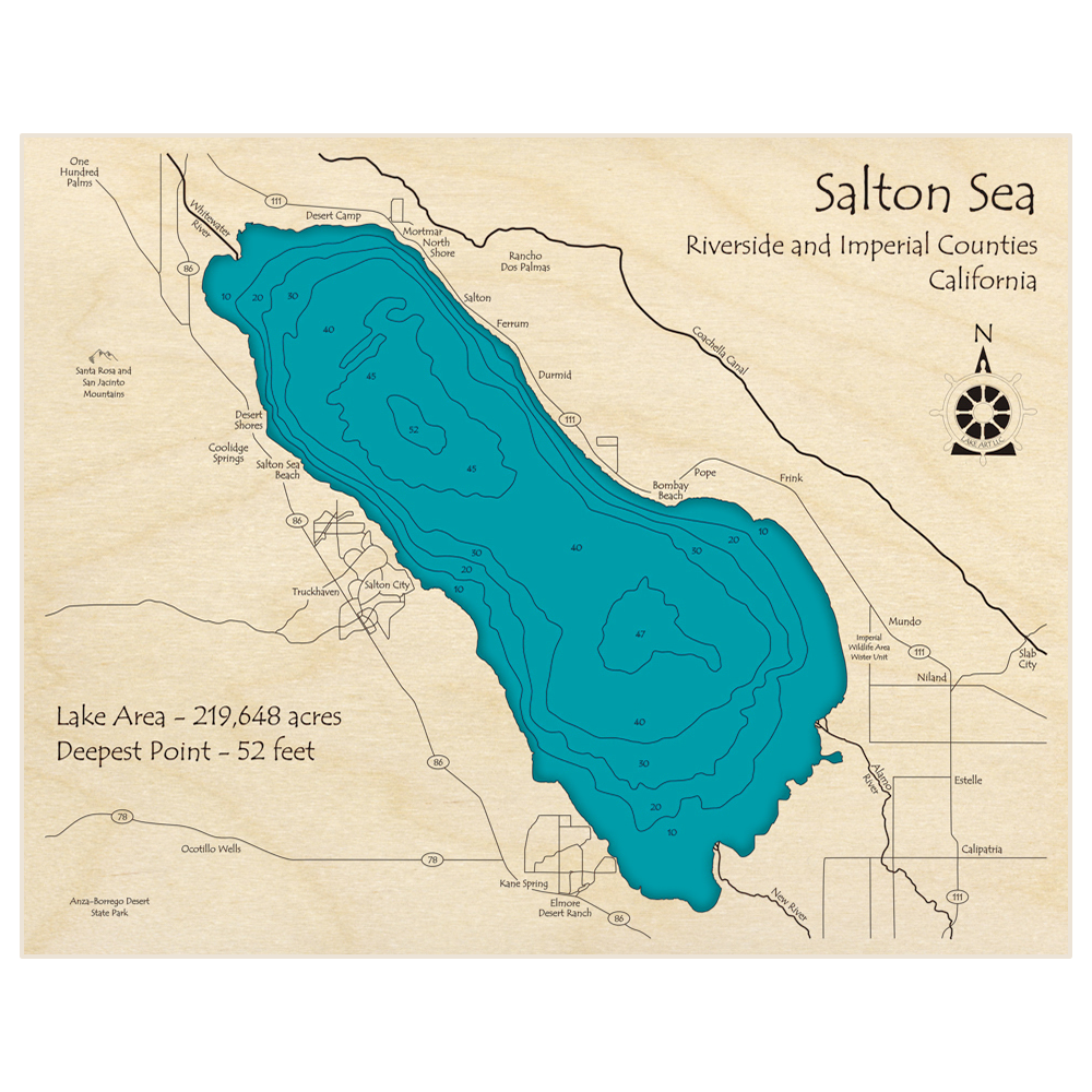Bathymetric topo map of Salton Sea with roads, towns and depths noted in blue water